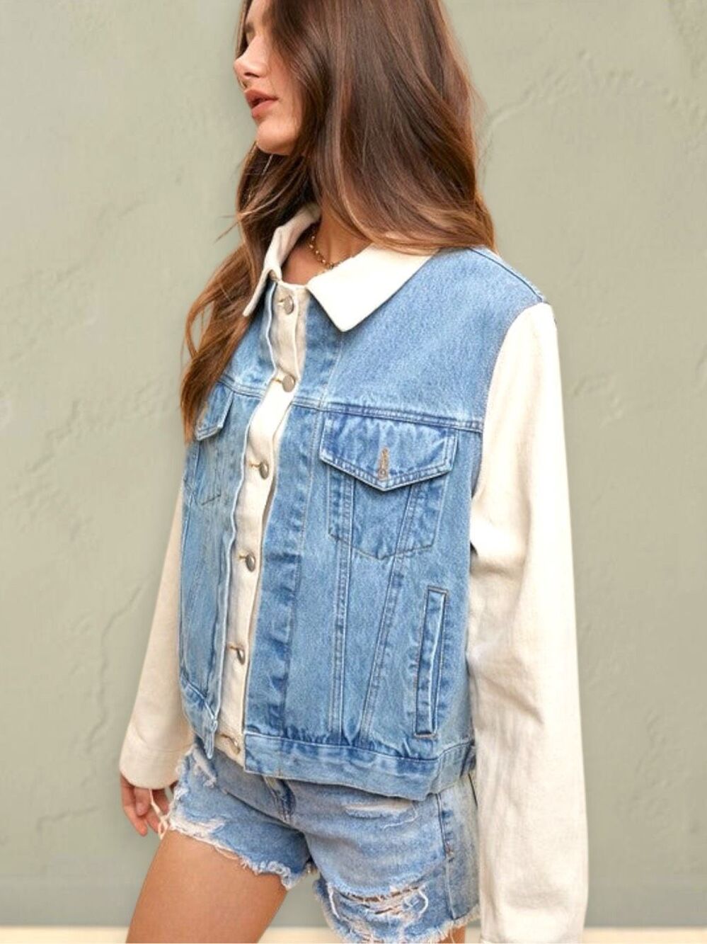 Annie Wear Two Tone Denim Jacket Cream Contrast Sleeve Colorblock Jean Shacket - Picture 6 of 8